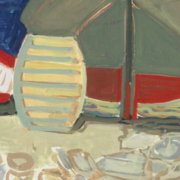 Painting of three small docked boats