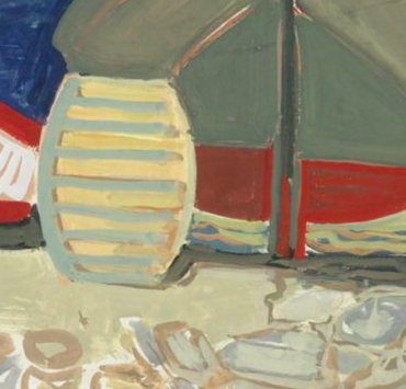 Painting of three small docked boats