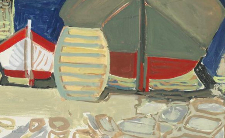 Painting of three small docked boats