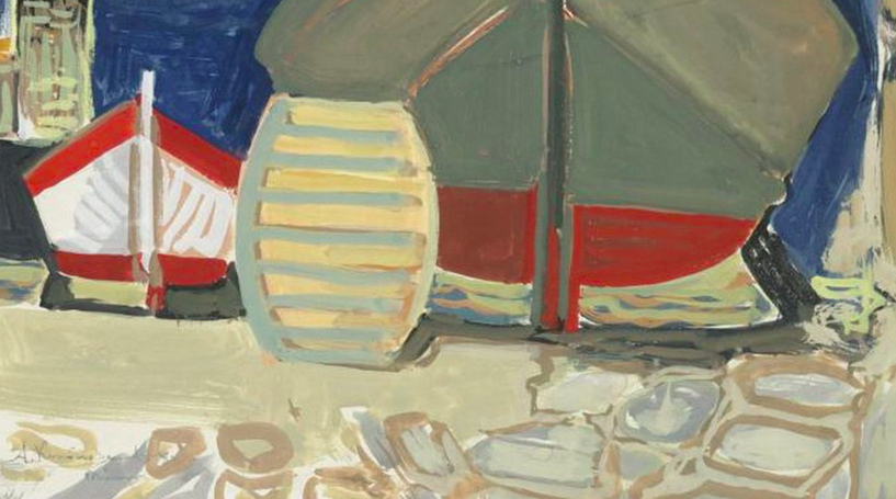 Painting of three small docked boats