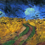 Impressionist painting of a yellow field of wheat, a bright blue sky, and several crows in flight