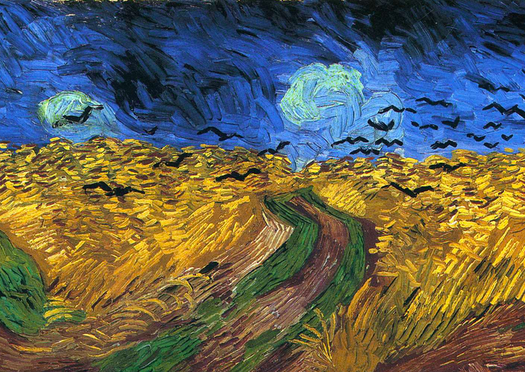 Impressionist painting of a yellow field of wheat, a bright blue sky, and several crows in flight