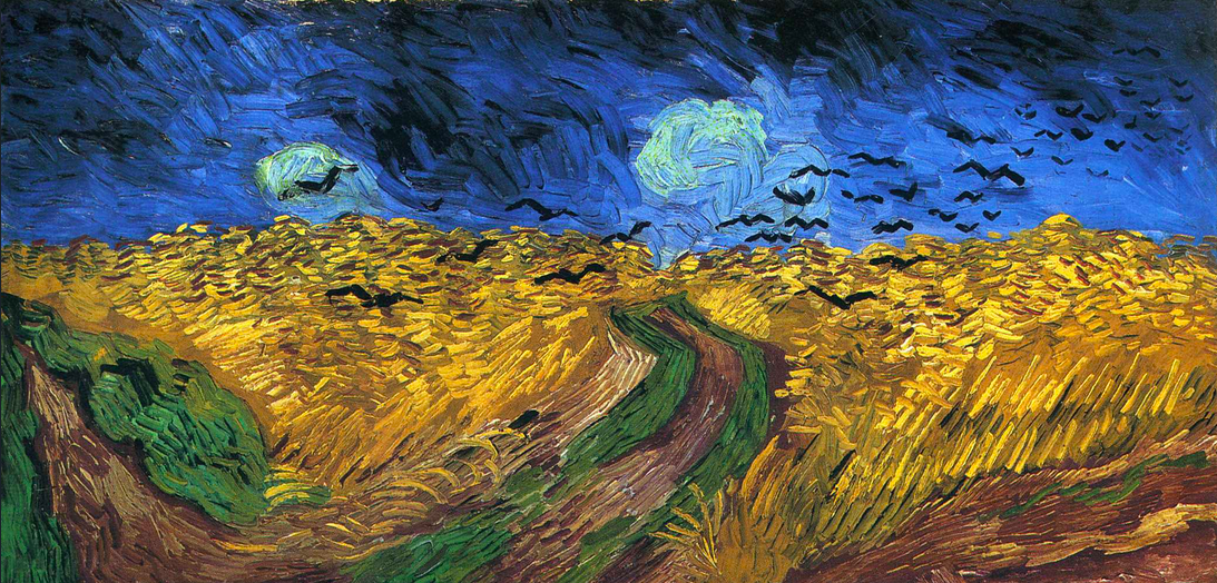 Impressionist painting of a yellow field of wheat, a bright blue sky, and several crows in flight