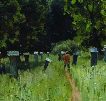 Painting of a green field with beehives
