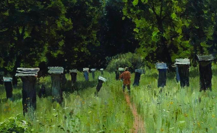Painting of a green field with beehives