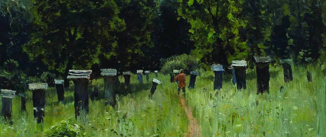 Painting of a green field with beehives