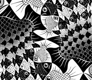 black and white geometric illustration of goldfish in a spiral pattern