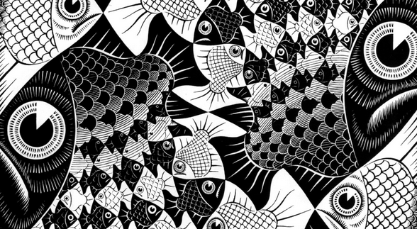 black and white geometric illustration of goldfish in a spiral pattern