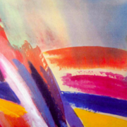 Abstract painting in sahdes of red, orange, purple, and yellow.