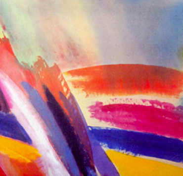 Abstract painting in sahdes of red, orange, purple, and yellow.