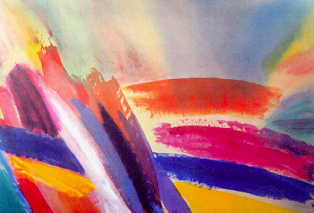 Abstract painting in sahdes of red, orange, purple, and yellow.