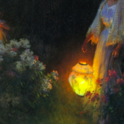 Painting of a woman carrying a lit lantern through a garden at dusk