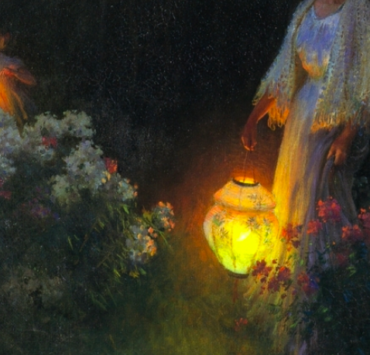 Painting of a woman carrying a lit lantern through a garden at dusk