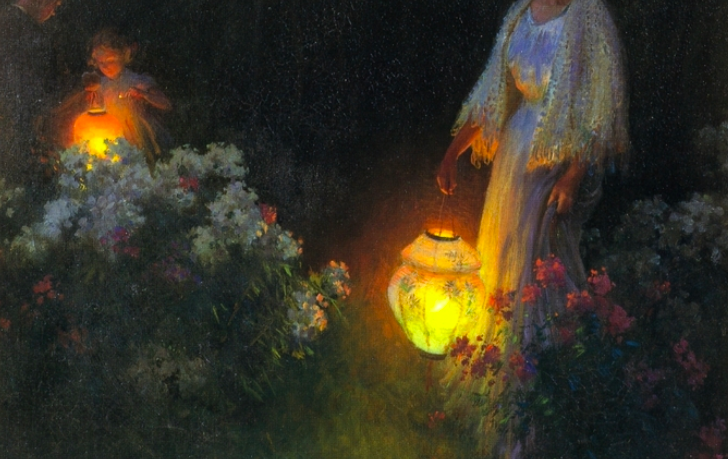 Painting of a woman carrying a lit lantern through a garden at dusk