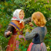 Painting of three young girls picking blackberries
