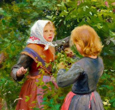Painting of three young girls picking blackberries