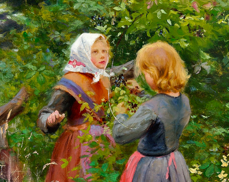 Painting of three young girls picking blackberries