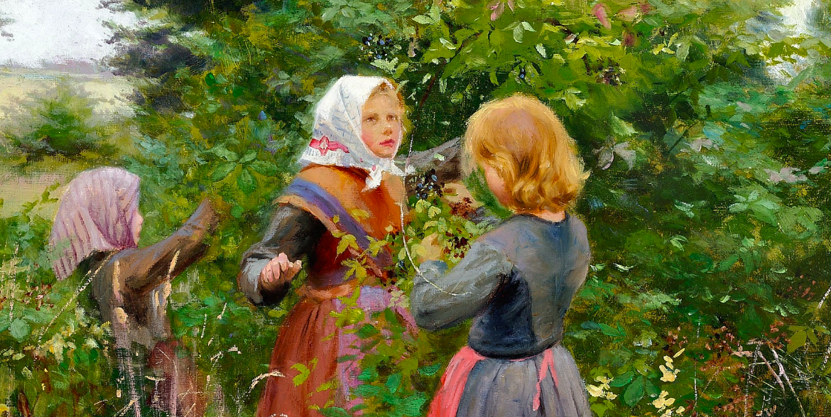 Painting of three young girls picking blackberries