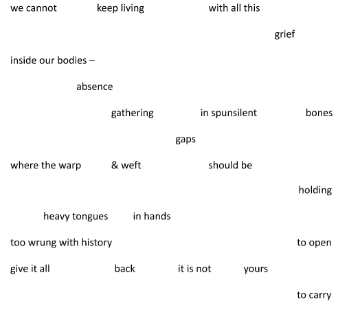 we cannot keep living with all this
grief
inside our bodies •
absence
gathering in spunsilent bones
gaps
where the warp & weft should be
holding
heavy tongues in hands
too wrung with history to open
give it all back it is not yours
to carry