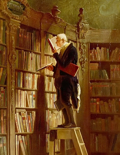 The Book Worm Oil painting of a man standing on a step ladder in front of a large shelf of books while he reads a book