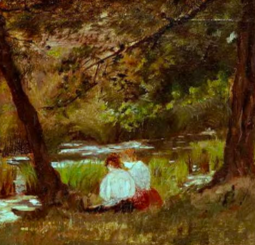 Two Women Seated By A Woodland Stream