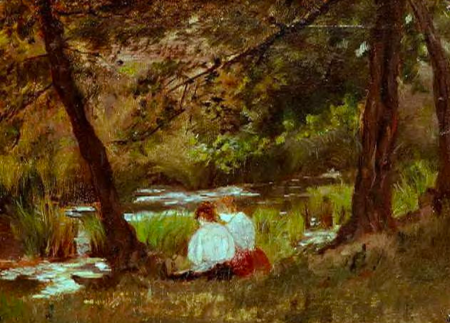Two Women Seated By A Woodland Stream