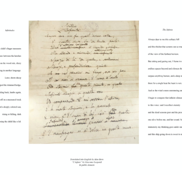 Translated into English by Alan Bern. "L'infinto" by Giacomo Leopardi. In public domain. Infinitudes Teno's thought Leopard's hill A thick child's finger measures the endless lines between the hatches on the wood rule, dizzy from counting in another language. Later, shorn sheep jumped the trimmed hedge, landing back, lambs again, pranced off on a measured rack toward a deeply colored sun, rising or falling, dark enclosing the child like a lid. The Infinite Always dear to me this solitary hill and this thicket that screens out much of the view of the farthest horizon. But sitting and gazing out, I frame in my mind endless spaces beyond and silences that surpass anything human, and a deep stillness; there for a single beat the heart is not afraid And as the wind comes murmuring among these plants, I begin to compare that infinite silence to this voice: and recollect eternity and the dead seasons past and the present one alive before me. and her sound. So in this immensity my thinking goes under and sinks and this ship going down is sweet to me in this sca.