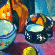 Dishes and Fruit On A Red And Black Carpet
