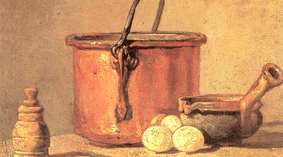 Still Life Of Cooking Utensils, Cauldron, Casserole, and Eggs