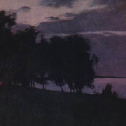 Painting of a group of trees silhouetted against a purple sunset. The glow of a small fire can be seen at the base of the trees.