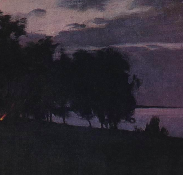 Painting of a group of trees silhouetted against a purple sunset. The glow of a small fire can be seen at the base of the trees.