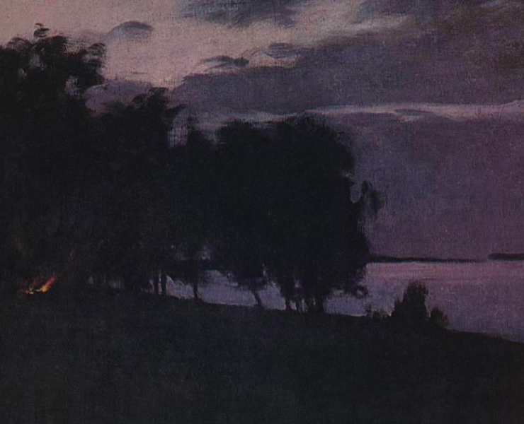 Painting of a group of trees silhouetted against a purple sunset. The glow of a small fire can be seen at the base of the trees.