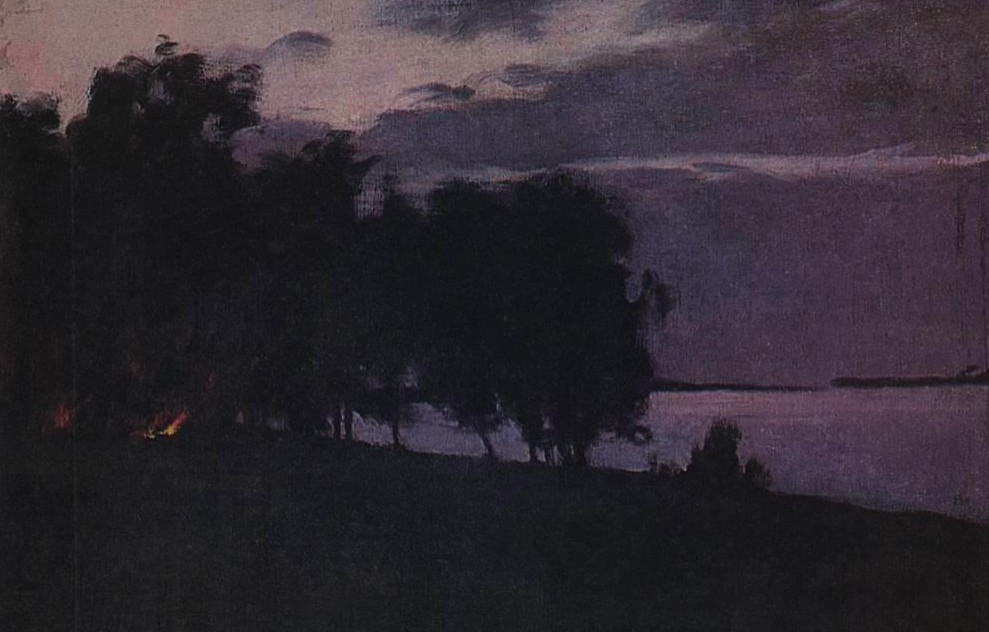 Painting of a group of trees silhouetted against a purple sunset. The glow of a small fire can be seen at the base of the trees.
