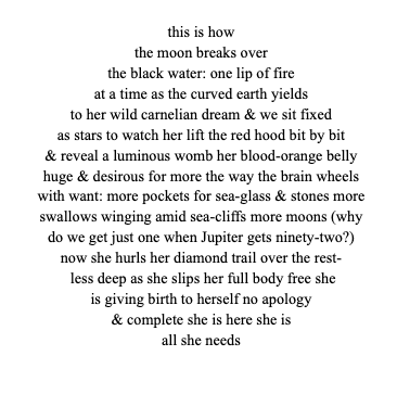 this is how
the moon breaks over
the black water: one lip of fire
at a time as the curved earth yields
to her wild carnelian dream & we sit fixed
as stars to watch her lift the red hood bit by bit
& reveal a luminous womb her blood-orange belly
huge & desirous for more the way the brain wheels
with want: more pockets for sea-glass & stones more
swallows winging amid sea-cliffs more moons (why
do we get just one when Jupiter gets ninety-two?)
now she hurls her diamond trail over the rest-
less deep as she slips her full body free she
is giving birth to herself no apology
& complete she is here she is
all she needs