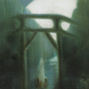 Painting of a bridge at night, beneath the bridge is a boat where a figure shrouded in white stands upright