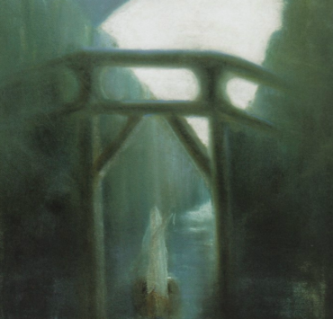 Painting of a bridge at night, beneath the bridge is a boat where a figure shrouded in white stands upright