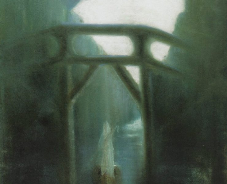Painting of a bridge at night, beneath the bridge is a boat where a figure shrouded in white stands upright