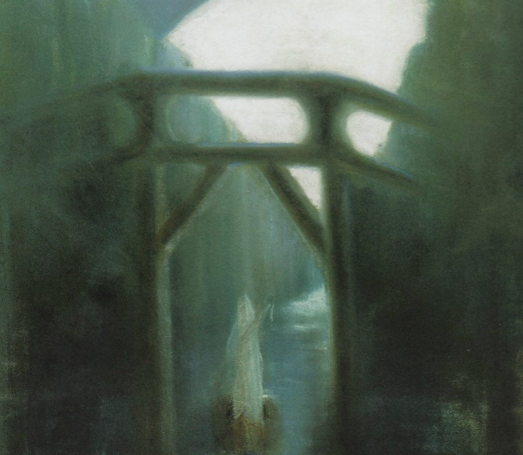 Painting of a bridge at night, beneath the bridge is a boat where a figure shrouded in white stands upright