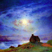Painting of a cabin on a small hill near a body of water
