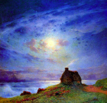 Painting of a cabin on a small hill near a body of water