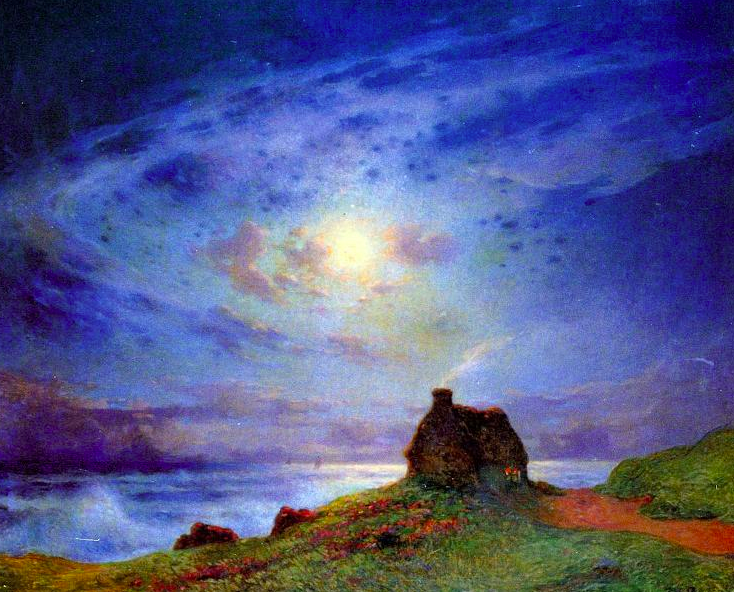Painting of a cabin on a small hill near a body of water