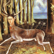 Painting of a deer with the face of a woman. She has several arrows puncturing her body