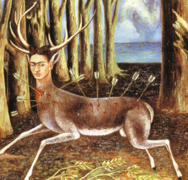 Painting of a deer with the face of a woman. She has several arrows puncturing her body