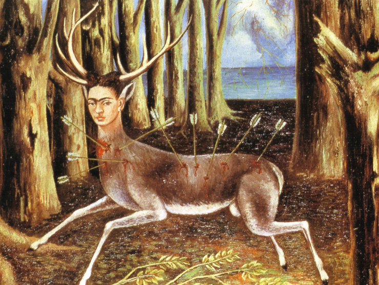 Painting of a deer with the face of a woman. She has several arrows puncturing her body