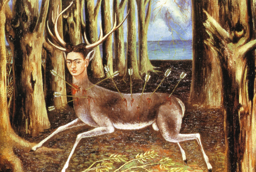 Painting of a deer with the face of a woman. She has several arrows puncturing her body