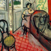 Painting of a room with a door leading to a balcony. A woman lays on a chaise lounge while a second woman sits behind her upright.
