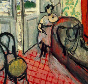Painting of a room with a door leading to a balcony. A woman lays on a chaise lounge while a second woman sits behind her upright.