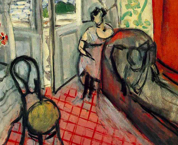 Painting of a room with a door leading to a balcony. A woman lays on a chaise lounge while a second woman sits behind her upright.