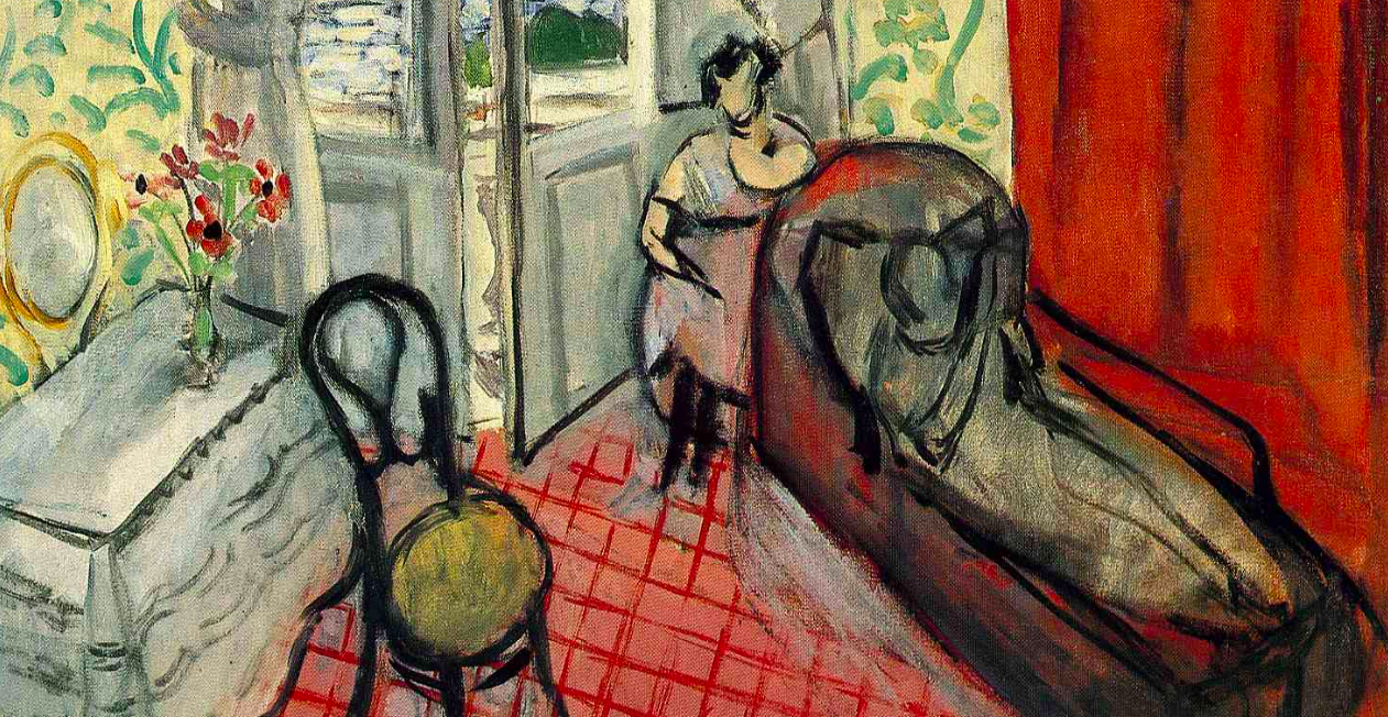 Painting of a room with a door leading to a balcony. A woman lays on a chaise lounge while a second woman sits behind her upright.