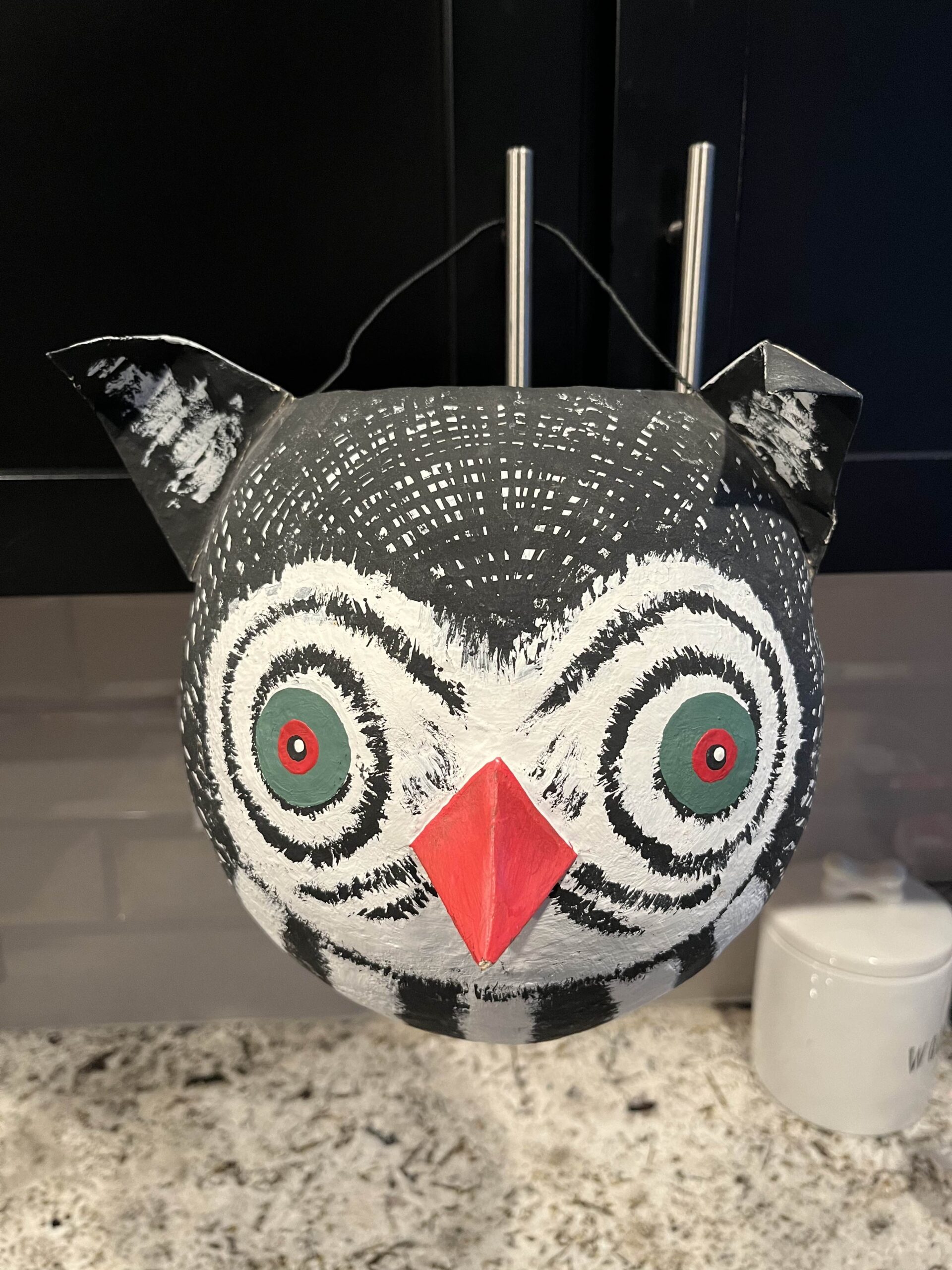 Halloween bowl shaped like an owl's head in black and white